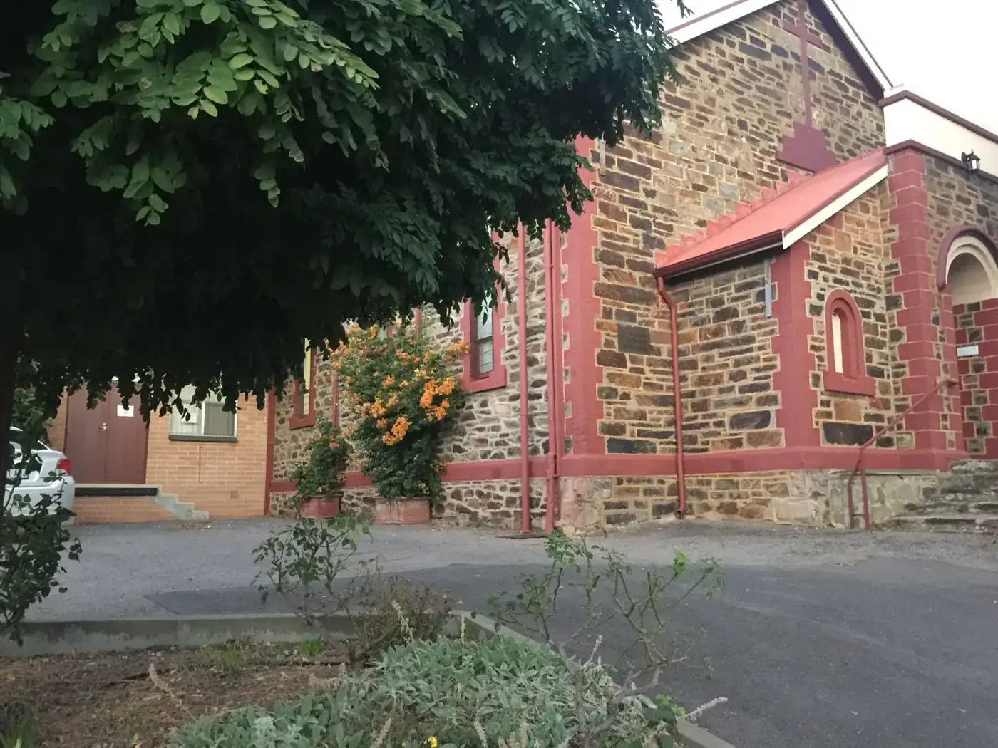 The heritage stone building at The Nest Studios, with a tree and bougainvillea out the front